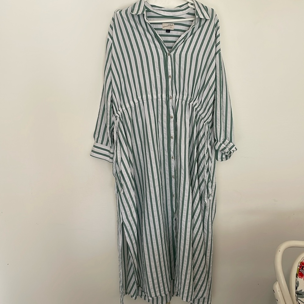 Women's Long Sleeve Cinch Waist Maxi Shirtdress Universal Thread Green Striped L